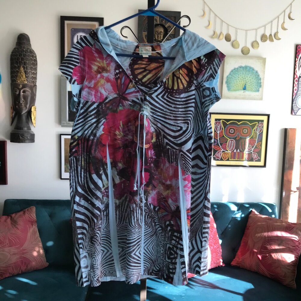 UNITY Beach size M Blue Floral Butterfly Print Hooded Drawstring Cover Up Tunic